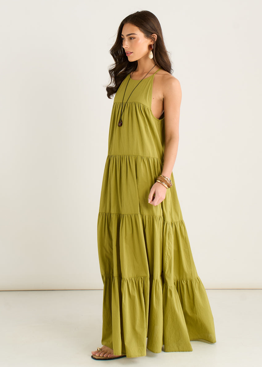 Khaki Tiered Halter Maxi Trapeze Dress GL2211