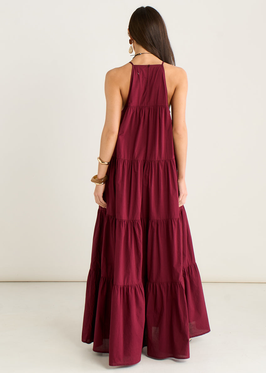 Mulberry Tiered Halter Maxi Trapeze Dress GL2211