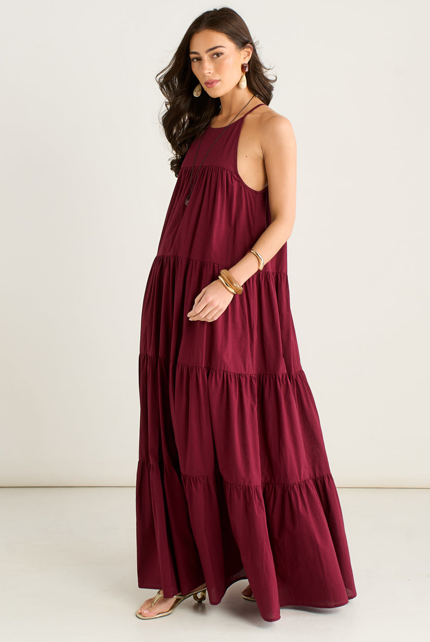 Mulberry Tiered Halter Maxi Trapeze Dress GL2211