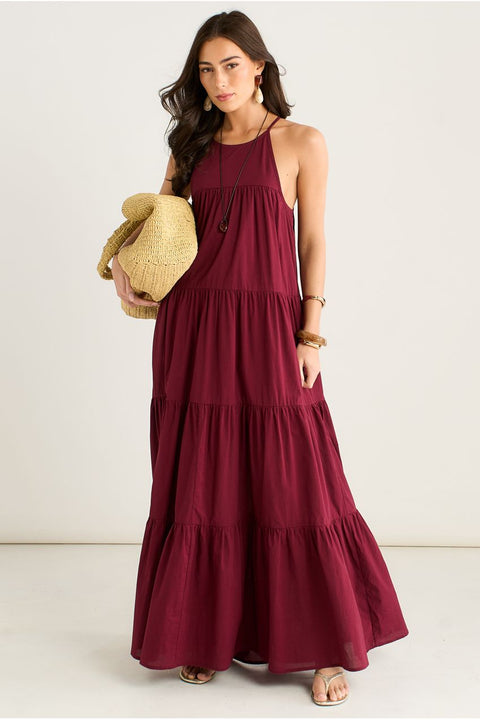 Mulberry Tiered Halter Maxi Trapeze Dress by Gini London