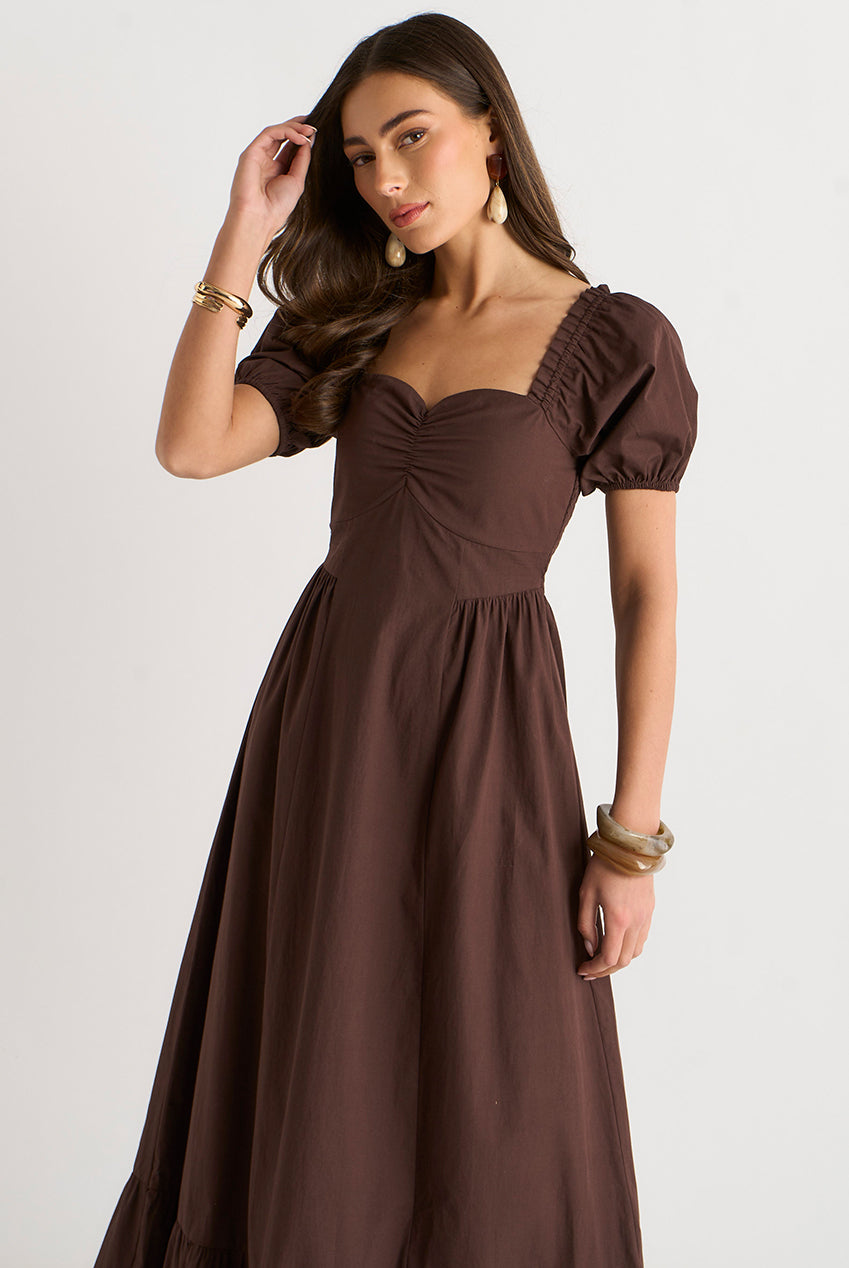 Brown Gypsy Puff Sleeves Midaxi Dress GL2212