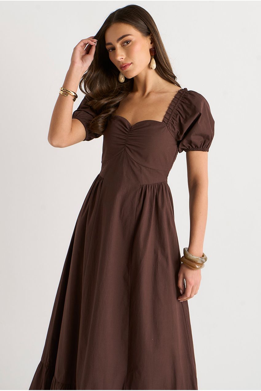 Brown Gypsy Puff Sleeves Midaxi Dress GL2212