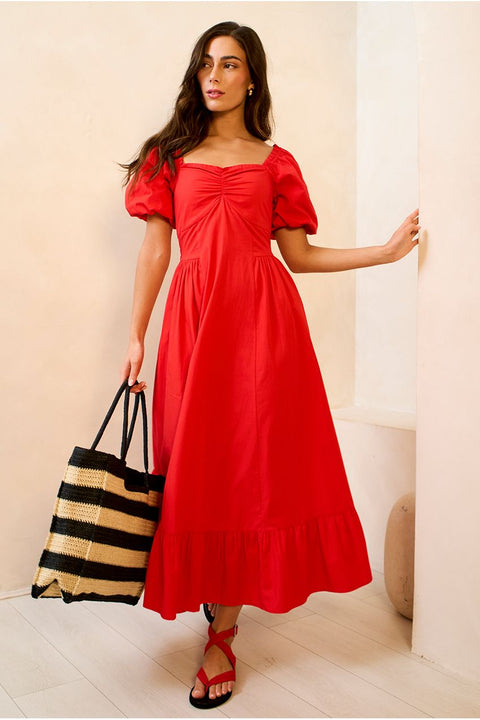 Red Gypsy Puff Sleeves Midaxi Dress by Gini London