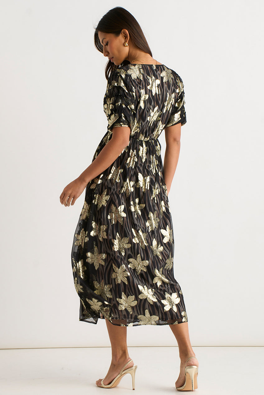 Black Floral Lurex Animal Wrap Front Dress GL2213