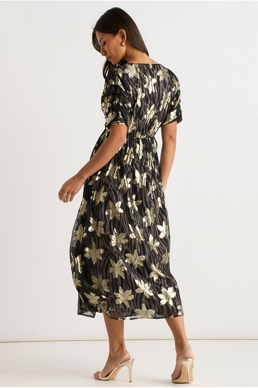 Black Floral Lurex Animal Wrap Front Dress GL2213