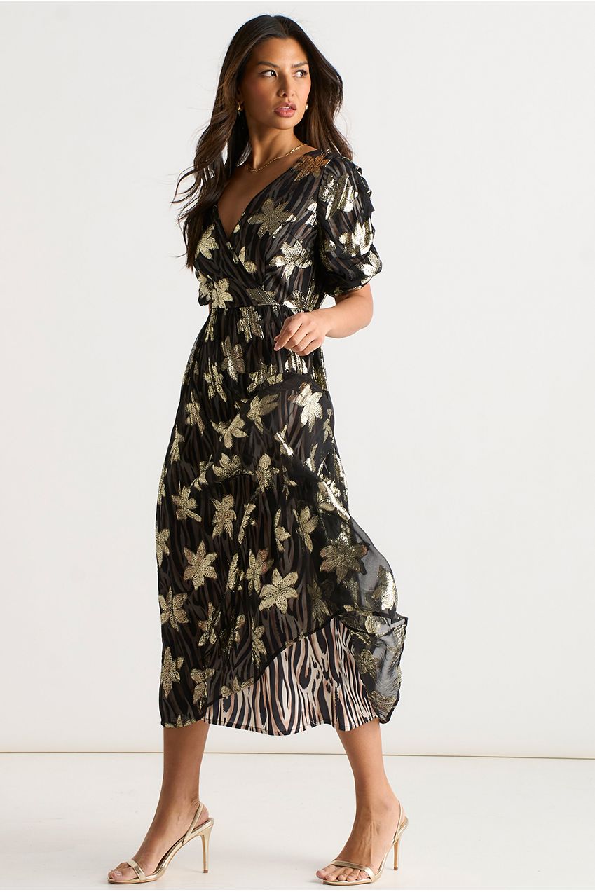 Black Floral Lurex Animal Wrap Front Dress GL2213
