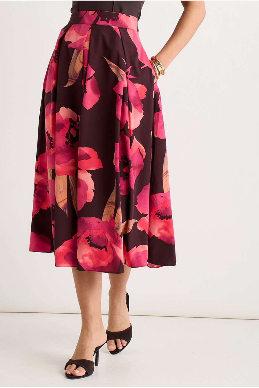 Brown Large Floral Box Pleat Midi Skirt GL2219