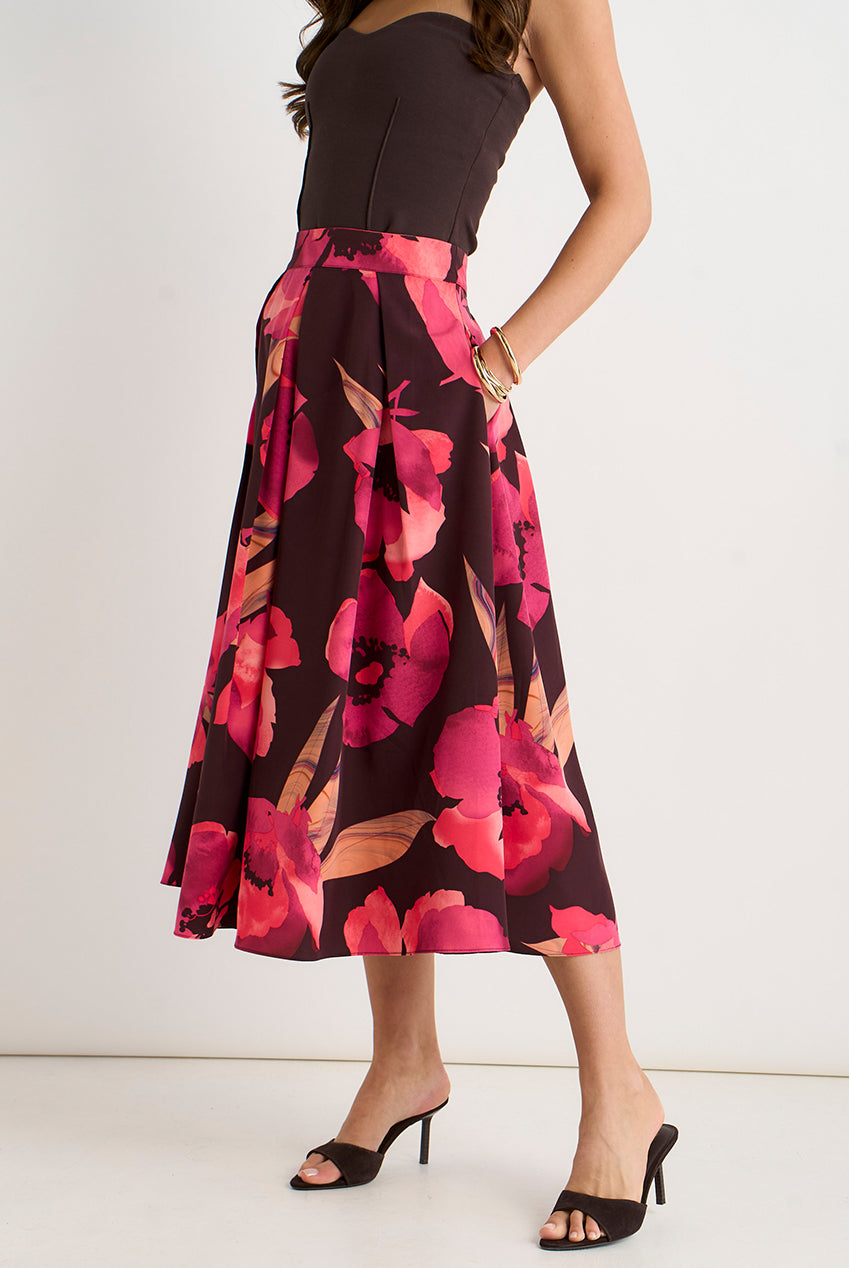 Brown Large Floral Box Pleat Midi Skirt GL2219