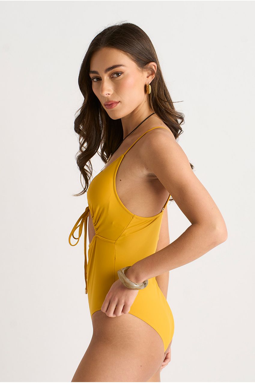 Mustard Cutout Detail Tie Front Swimsuit GL2223