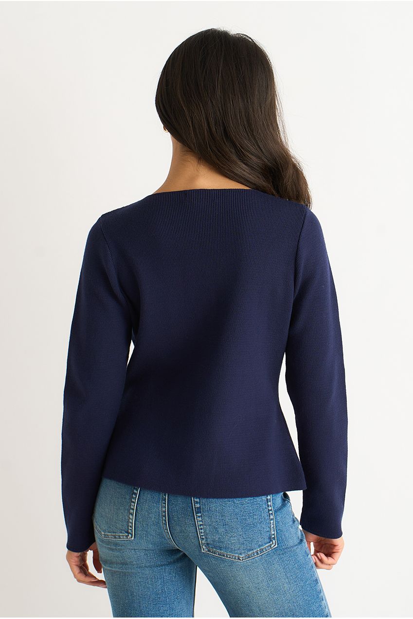 Navy Gold Buttons Ribbed Knit Cardigan GL2225