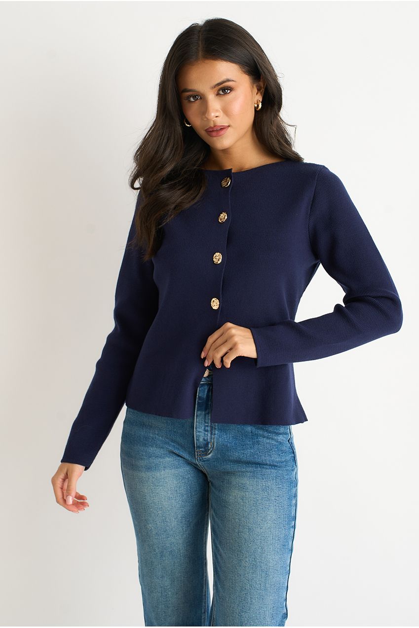 Navy Gold Buttons Ribbed Knit Cardigan GL2225