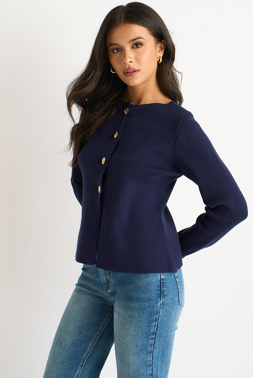 Navy Gold Buttons Ribbed Knit Cardigan GL2225