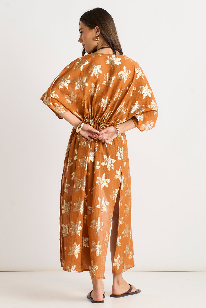 Orange Floral Lurex Tie Front Kaftan Kimono GL2226