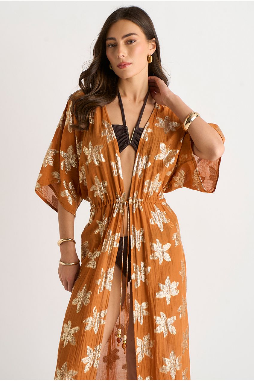 Orange Floral Lurex Tie Front Kaftan Kimono GL2226