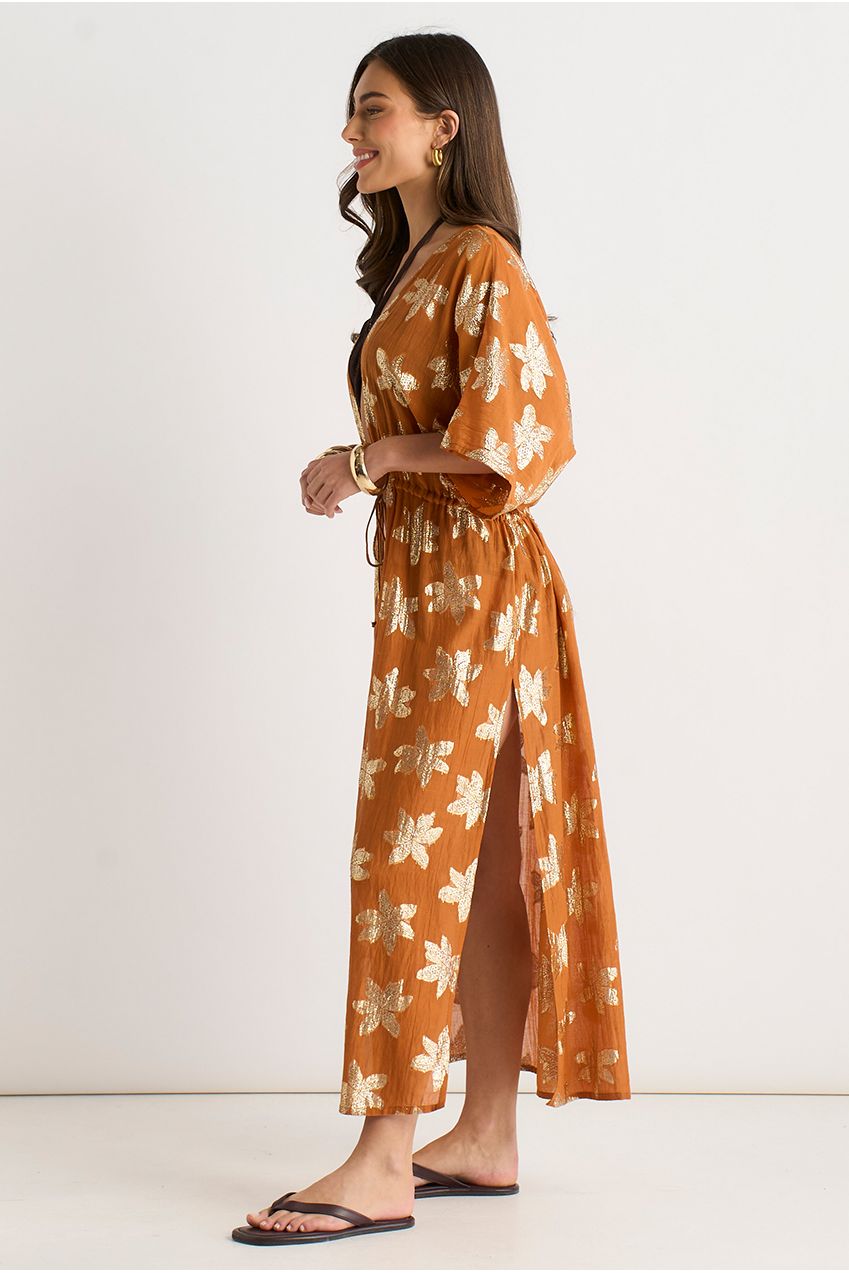 Orange Floral Lurex Tie Front Kaftan Kimono GL2226