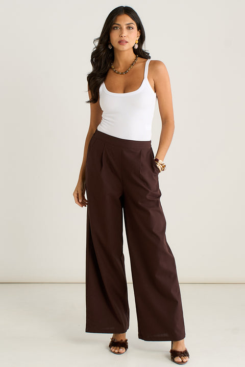 Brown Linen Mix Wide Leg Trouser by Gini London