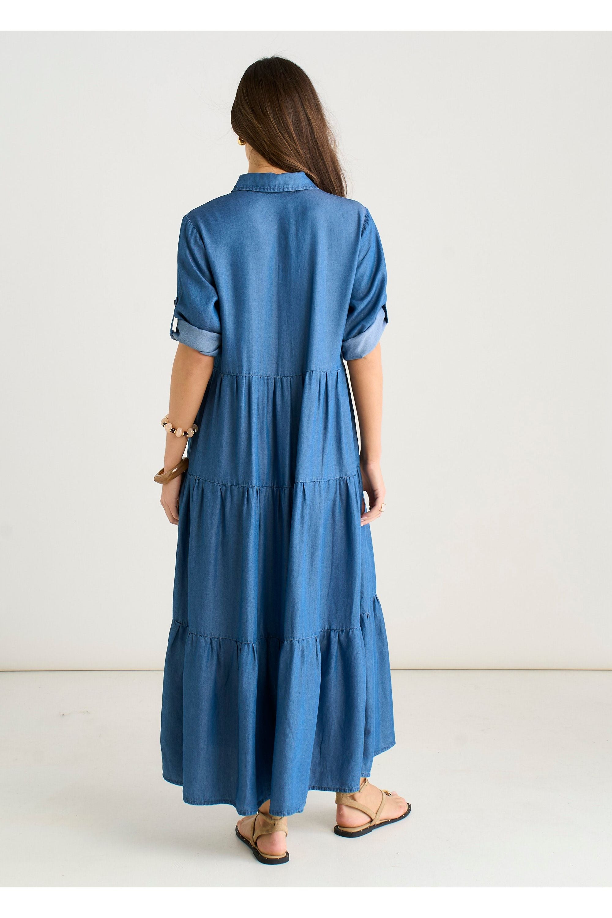 Blue Button Front Chambray Midaxi Shirt Dress GL2231