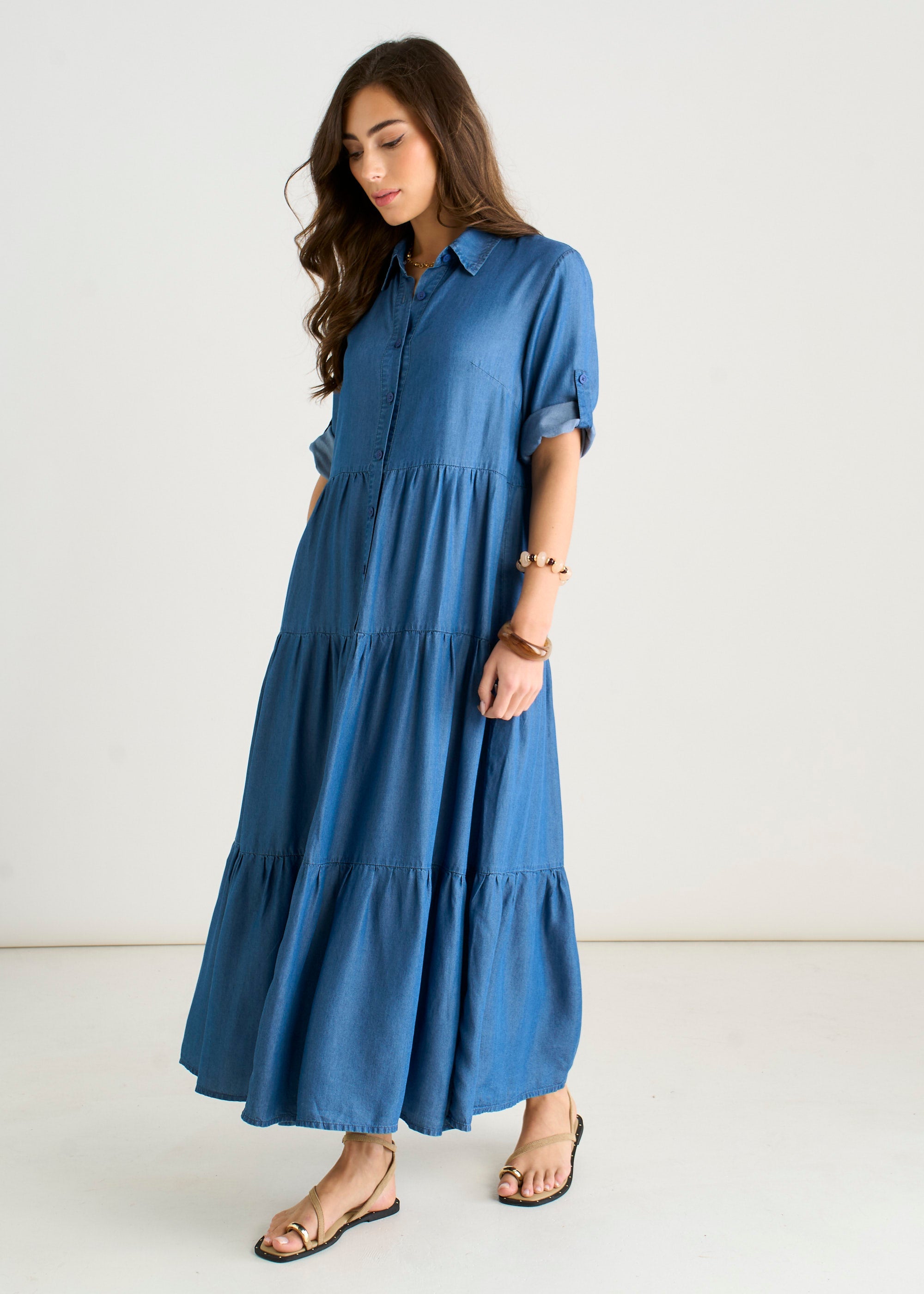 Blue Button Front Chambray Midaxi Shirt Dress GL2231