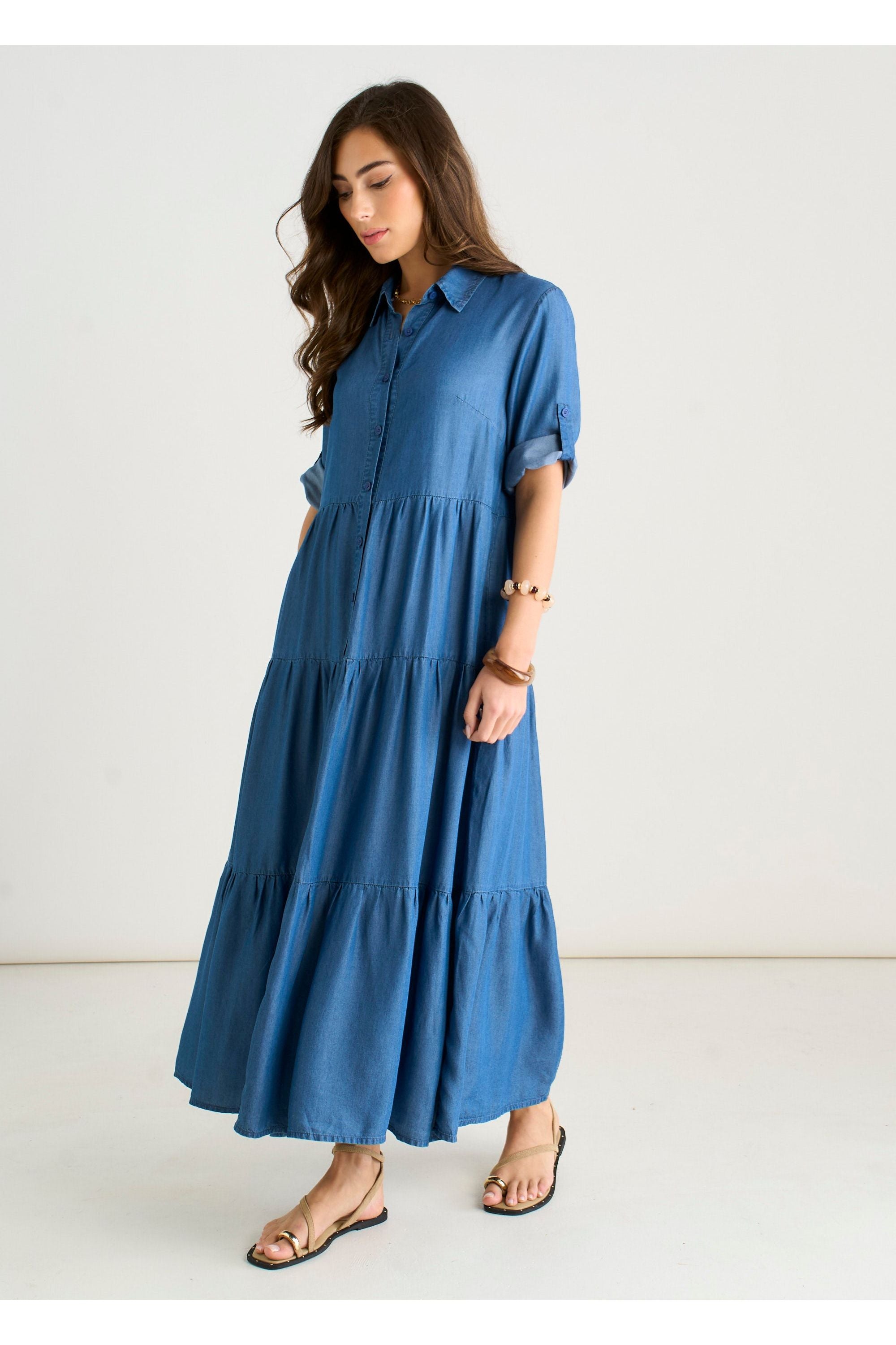 Blue Button Front Chambray Midaxi Shirt Dress GL2231