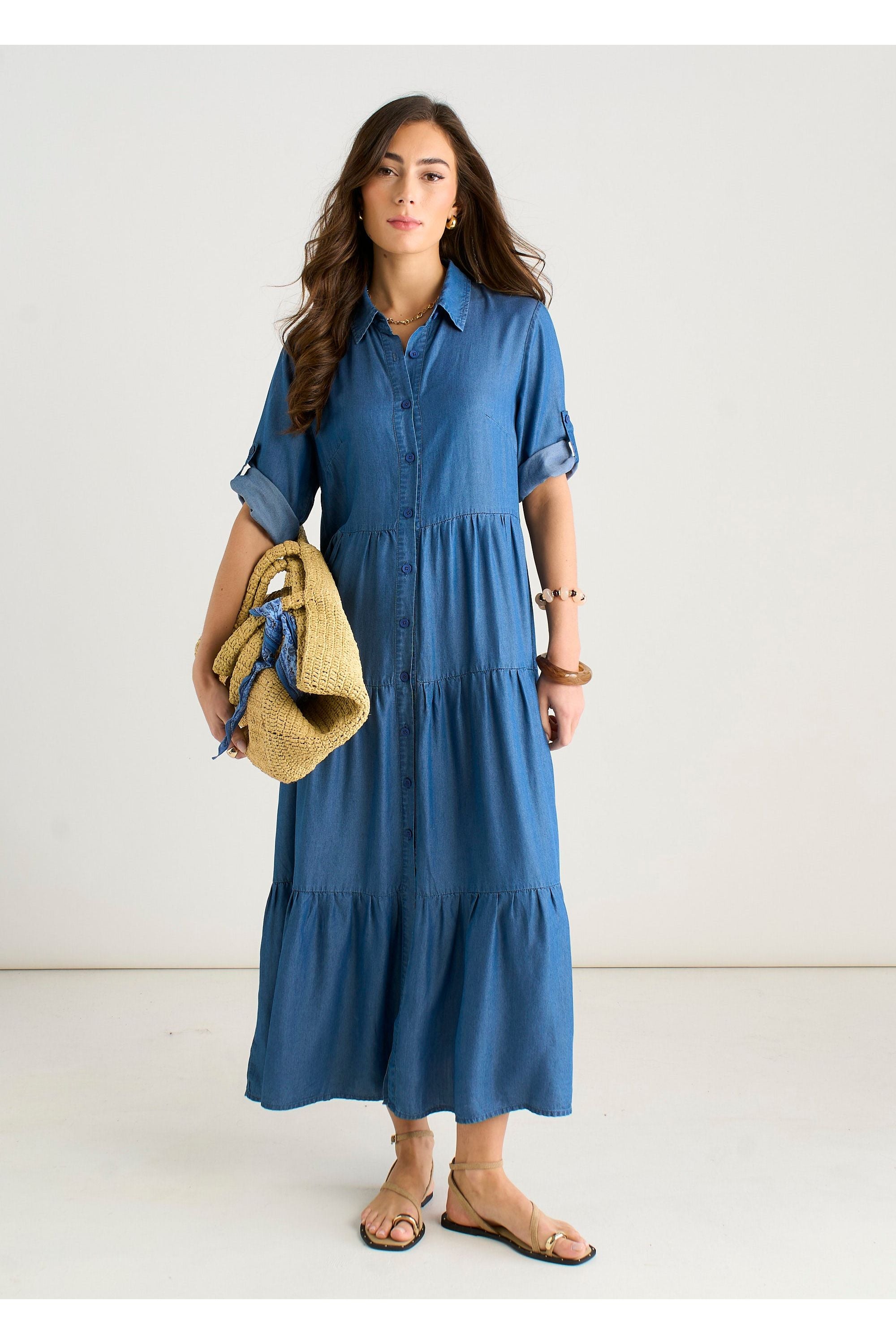 Blue Button Front Chambray Midaxi Shirt Dress GL2231