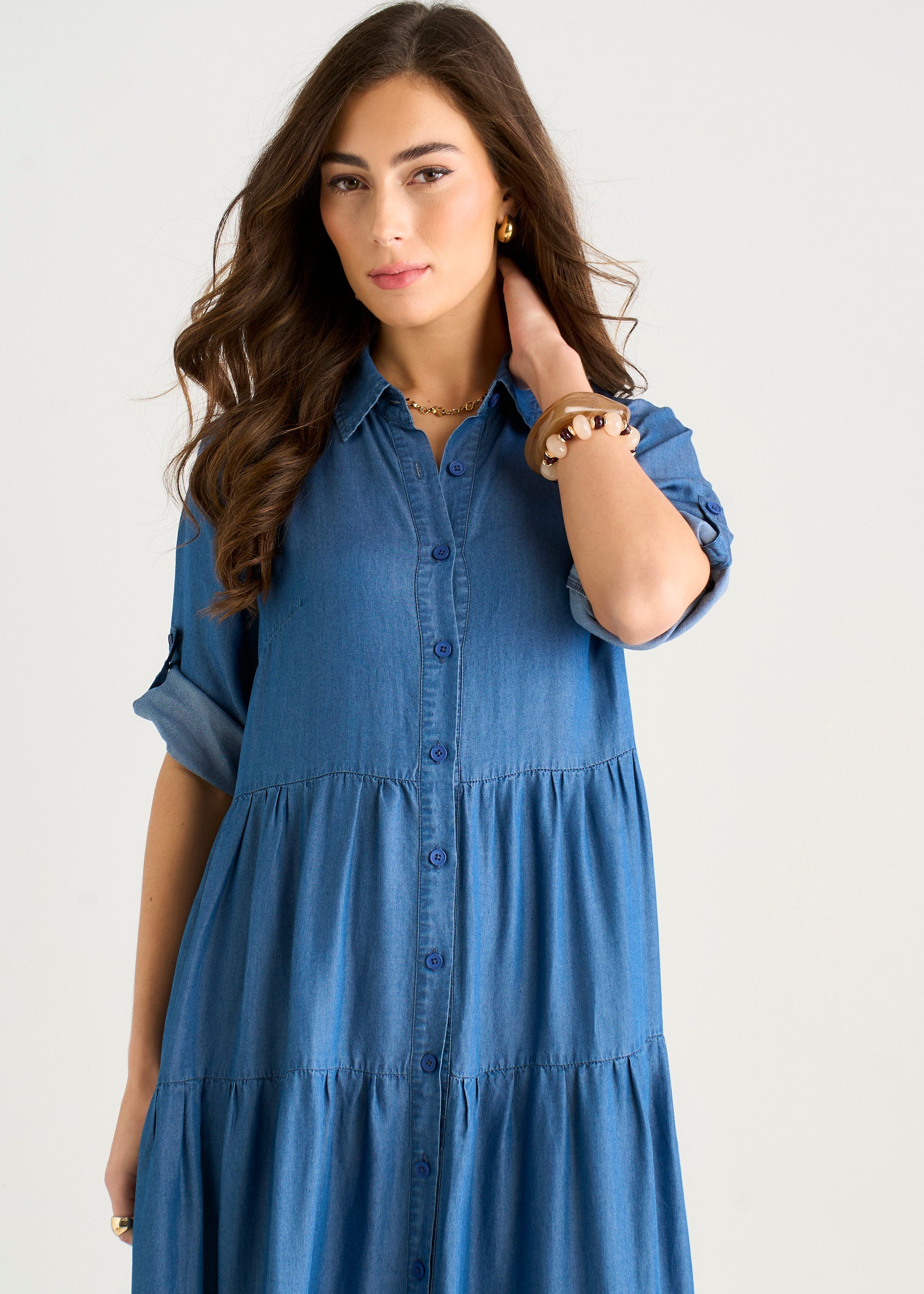 Blue Button Front Chambray Midaxi Shirt Dress GL2231