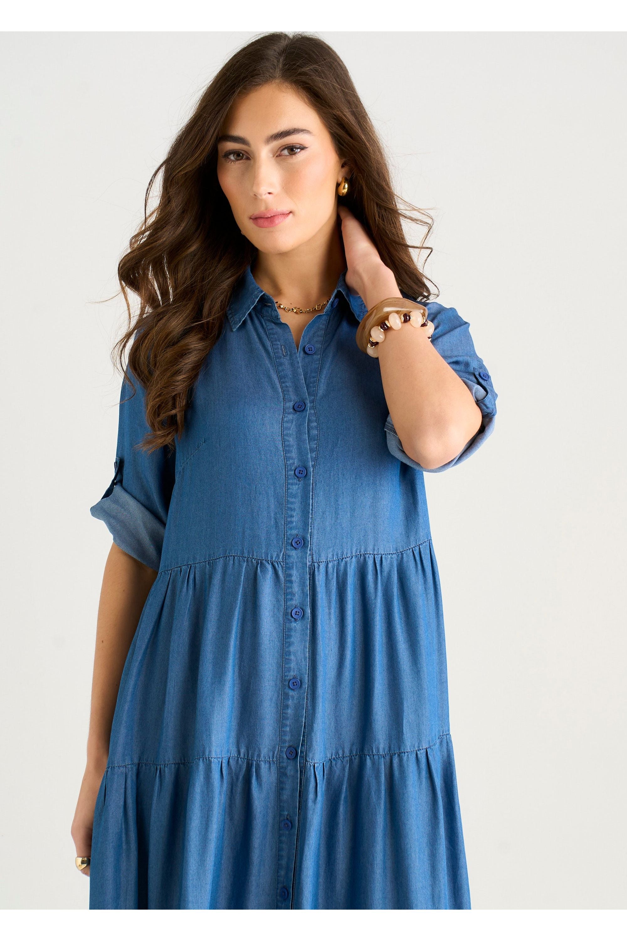 Blue Button Front Chambray Midaxi Shirt Dress GL2231