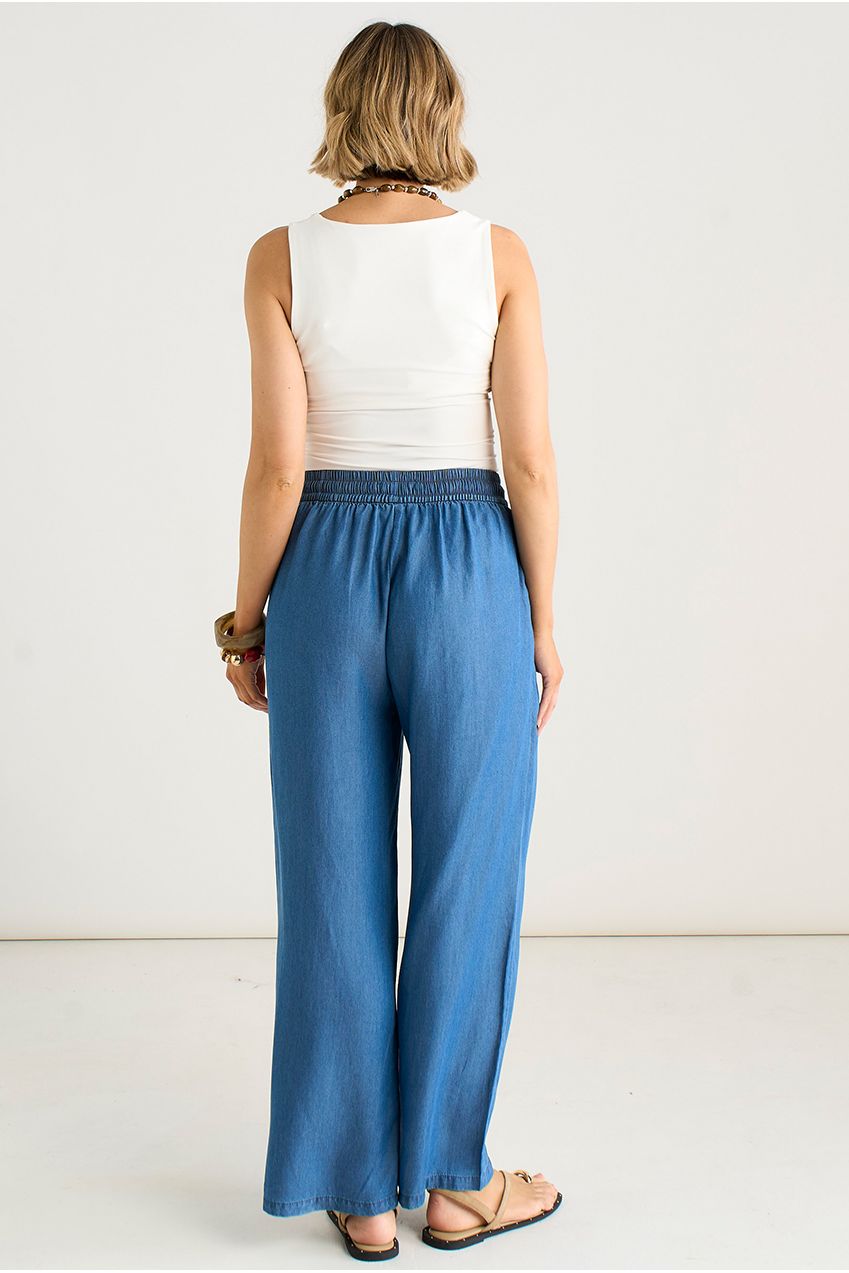 Blue Chambray Elasticated Waist Wide Leg Trousers GL2234