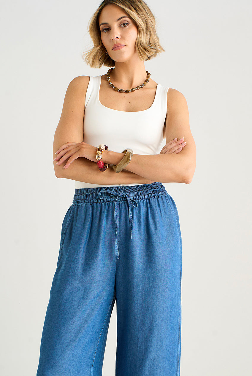 Blue Chambray Elasticated Waist Wide Leg Trousers GL2234