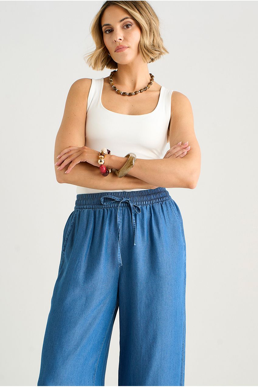Blue Chambray Elasticated Waist Wide Leg Trousers GL2234