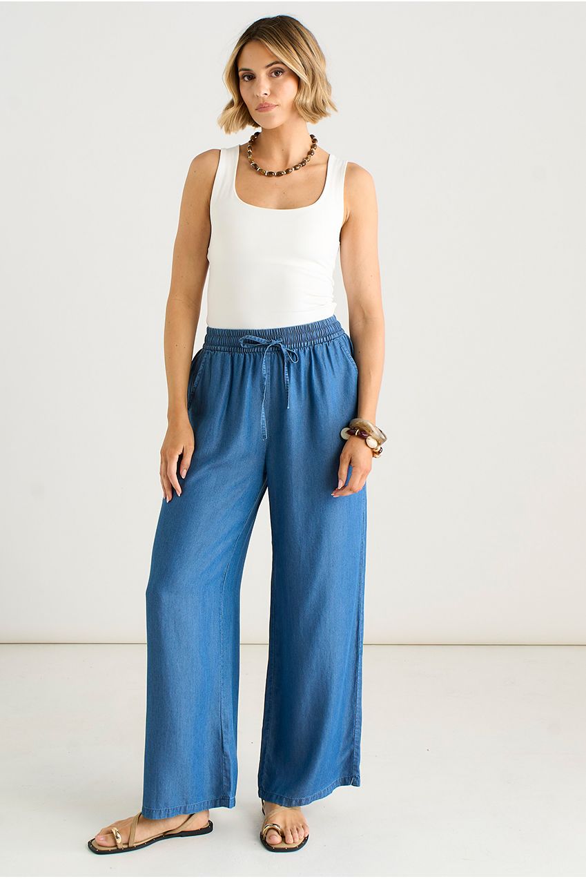 Blue Chambray Elasticated Waist Wide Leg Trousers GL2234