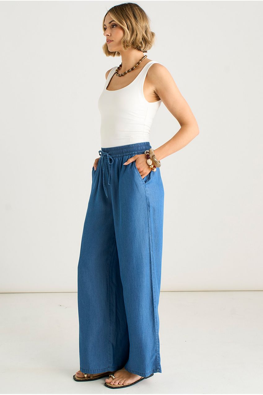 Blue Chambray Elasticated Waist Wide Leg Trousers GL2234