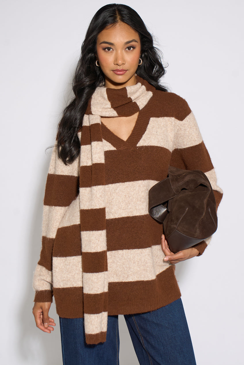 Brown Stripe V Neck Scarf Jumper GL2237