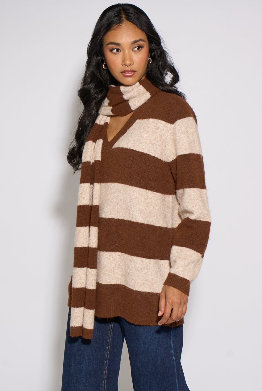 Brown Stripe V Neck Scarf Jumper GL2237