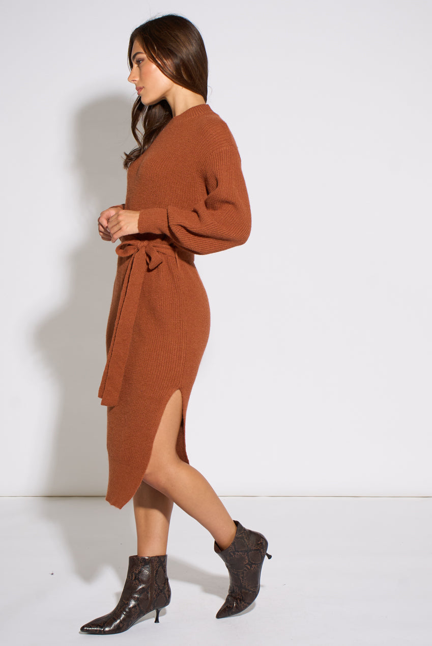 Tan Belted Knitted Long Sleeve Dress GL2240
