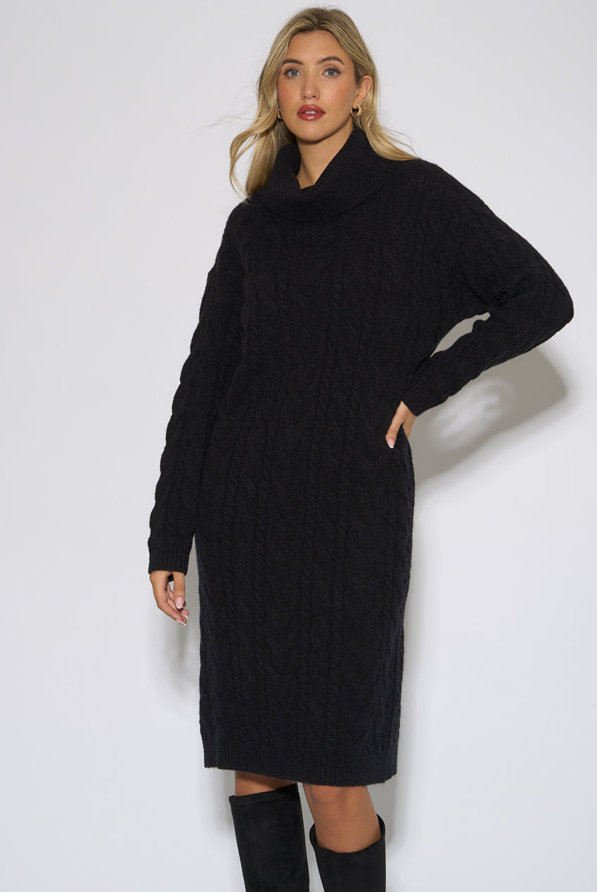 Black High Neck Cable Knit Shift Dress GL2241