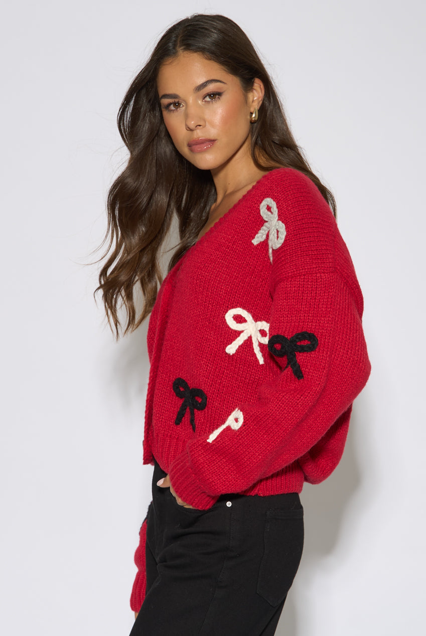 Red 3D Bow Long Sleeve Knit Cardigan GL2244