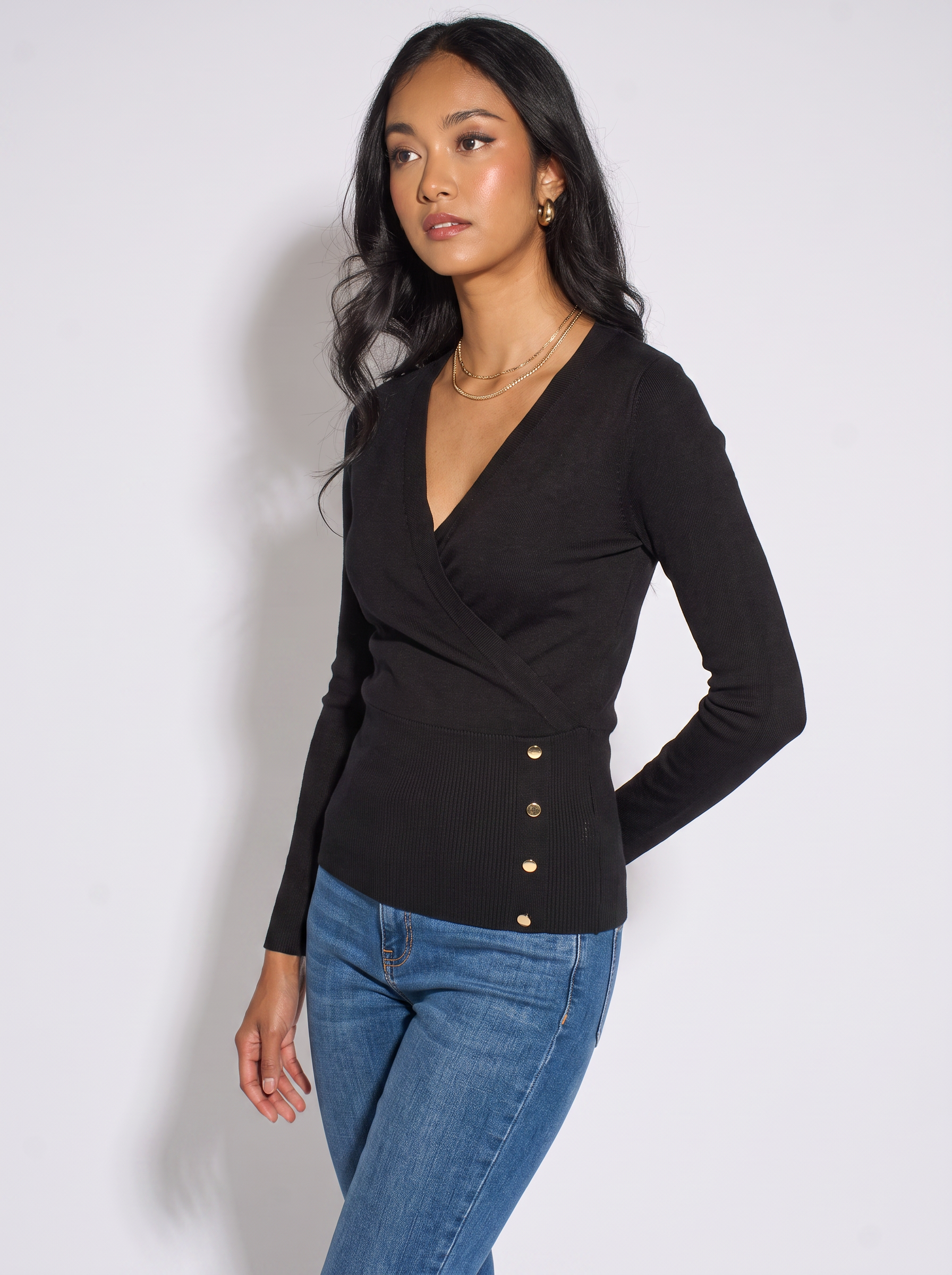 Black LS Wrap Front Gold Button Top GL2259