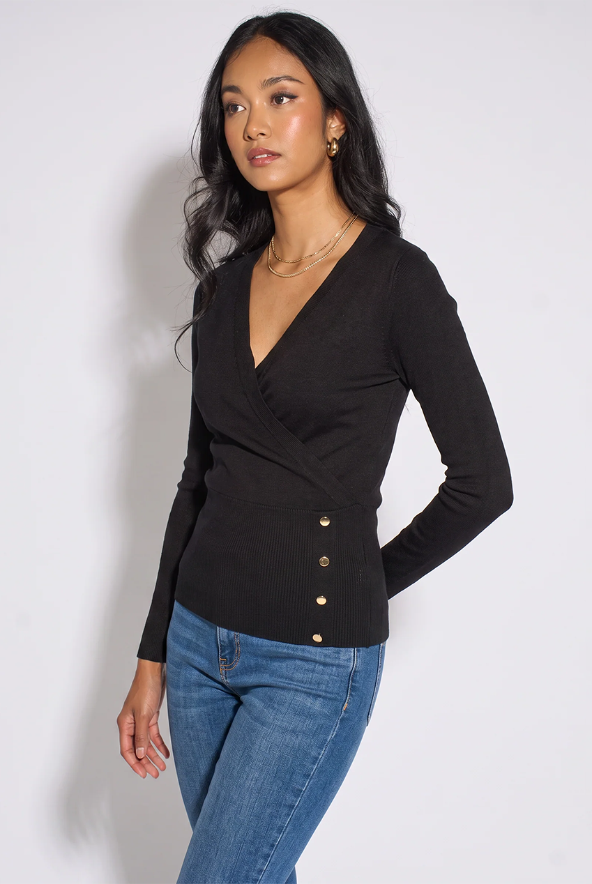 Black LS Wrap Front Gold Button Top GL2259
