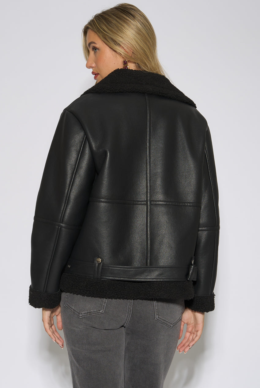 Black Faux Leather Aviator Biker Jacket GL2275