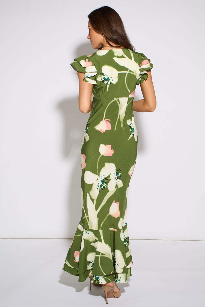 Green Floral Ruffle Maxi Dress GL2278