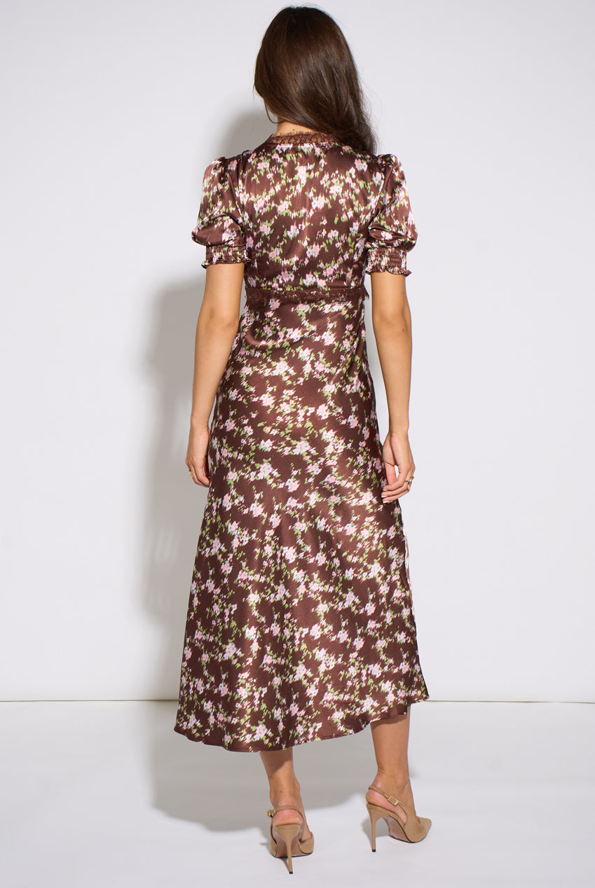 Brown Satin Floral Lace Midi Dress GL2279