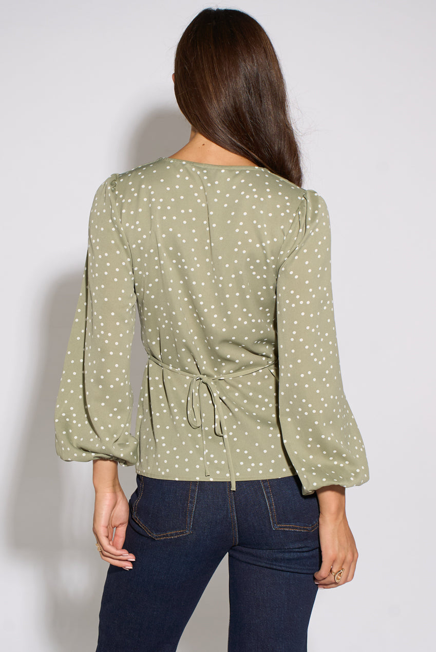Green V Neck Spot Print Button Front Blouse GL2280