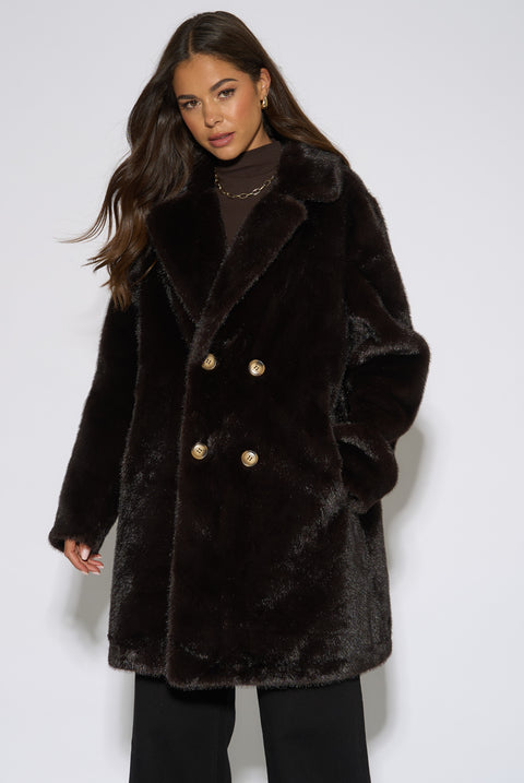 Bitter Chocolate Double Breasted Faux Fur Coat by Gini London