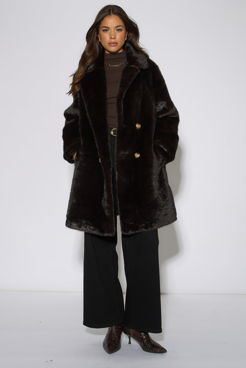 Bitter Chocolate Double Breasted Faux Fur Coat GL2300