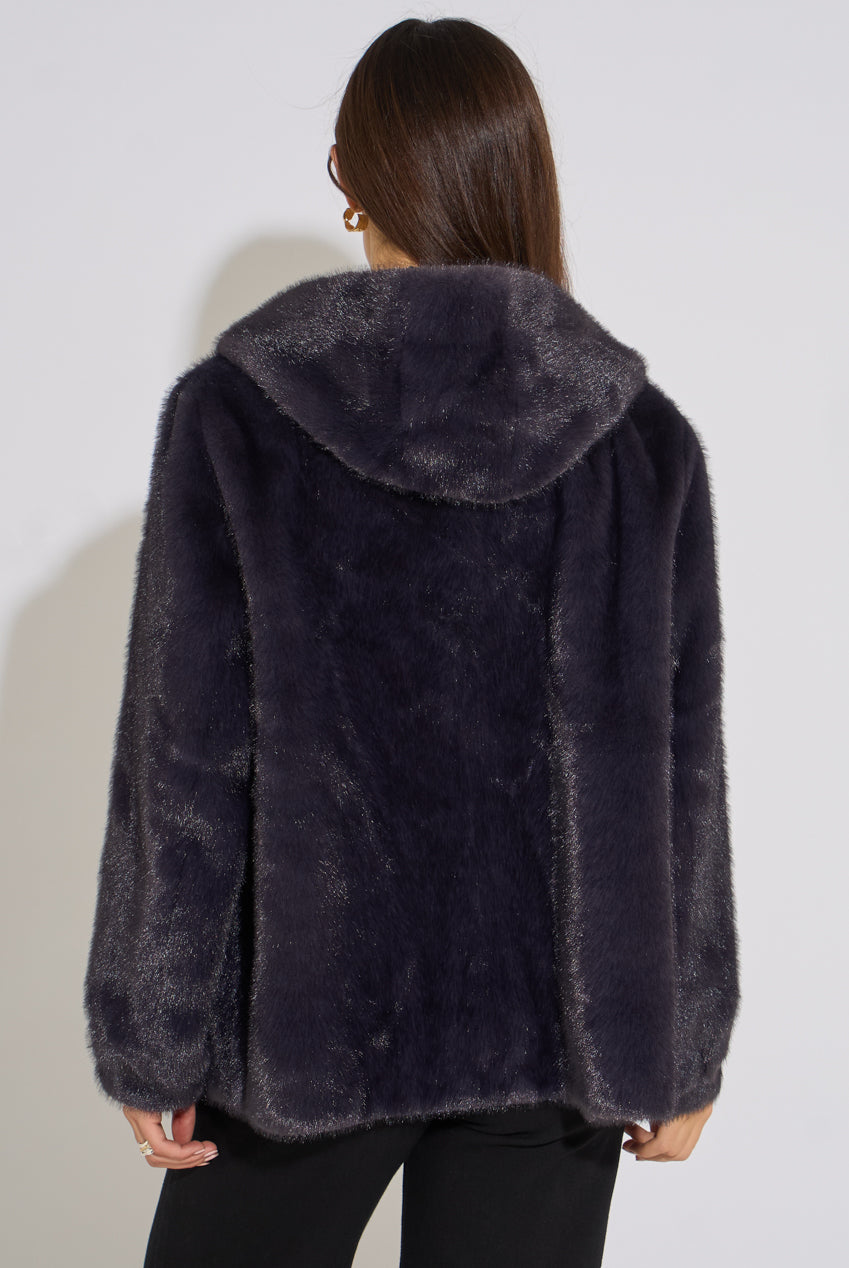 Charcoal Grey Hooded Faux Fur Mid Length Jacket GL2301