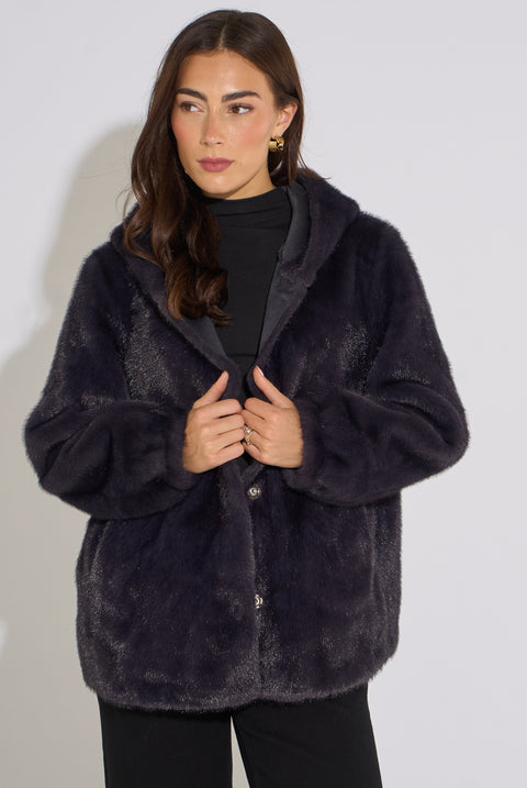 Charcoal Grey Hooded Faux Fur Mid Length Jacket by Gini London