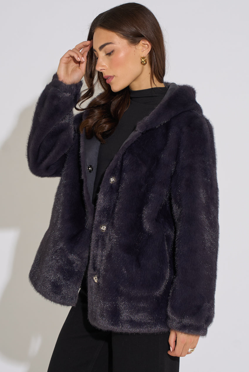 Charcoal Grey Hooded Faux Fur Mid Length Jacket GL2301