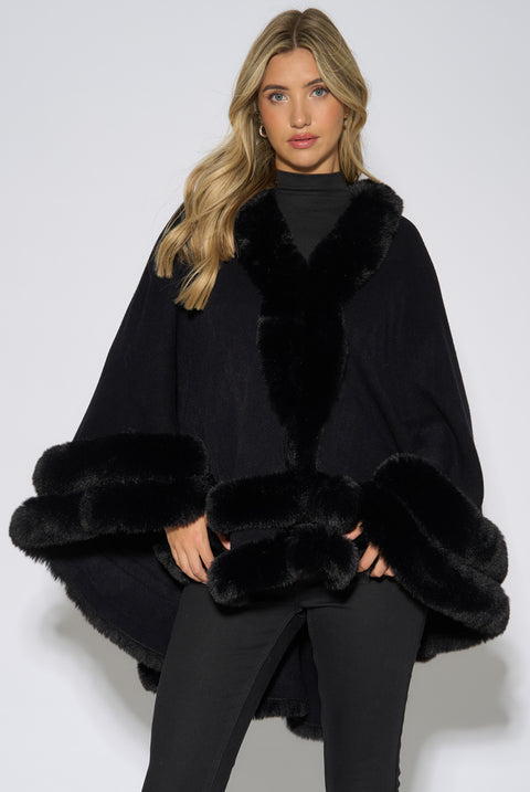 Black Double Layer Fur Trim Cape by Gini London