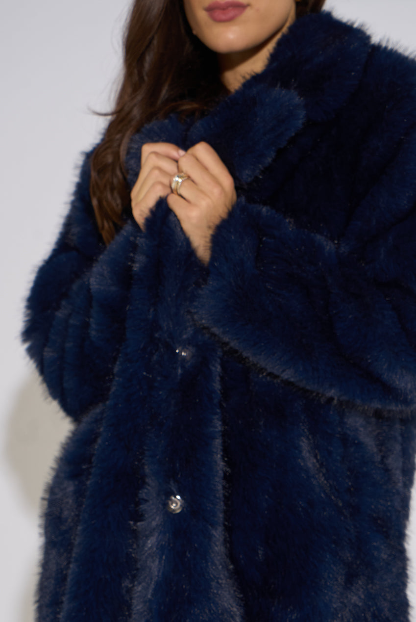 Dark Blue Panelled Faux Fur Longline Jacket GL2311