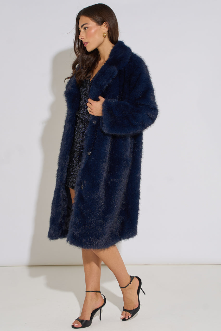 Dark Blue Panelled Faux Fur Longline Jacket GL2311